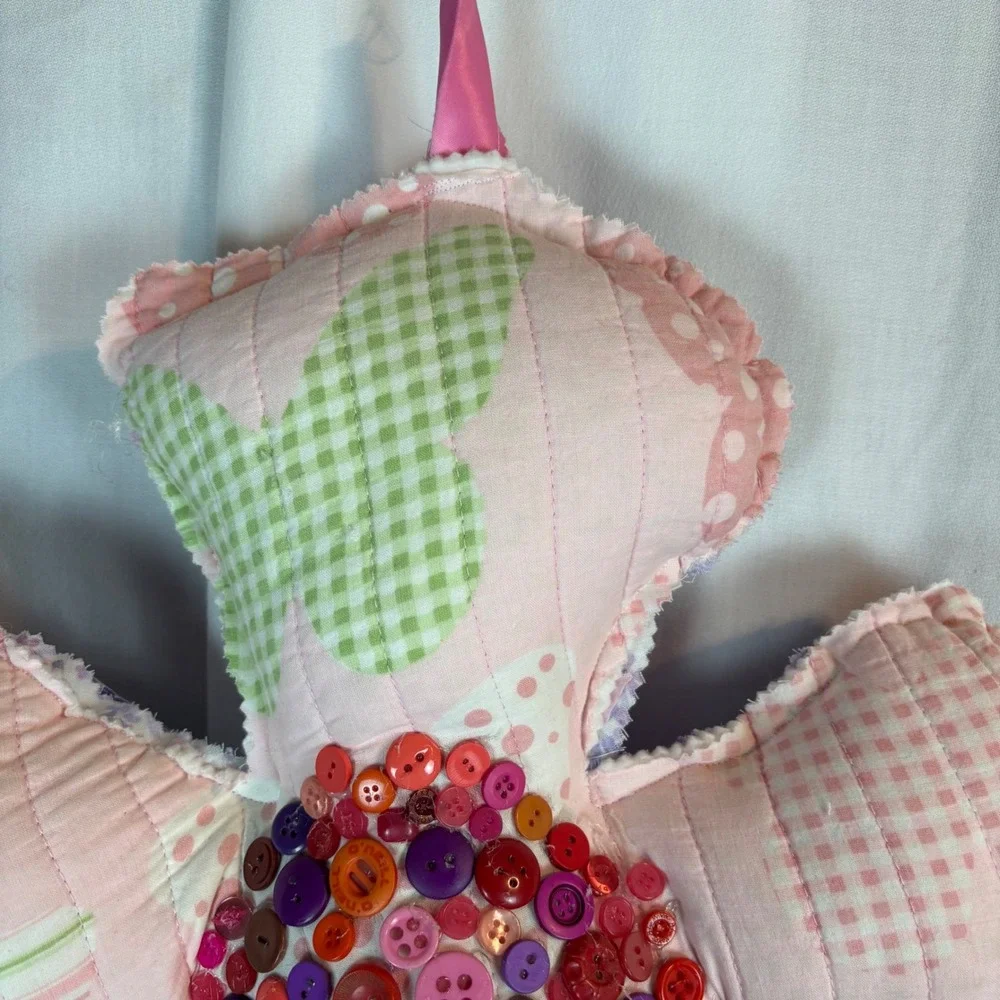 Handmade Quilted Flower Pillow Button Center Reversible Floral Wall Hanging 16in